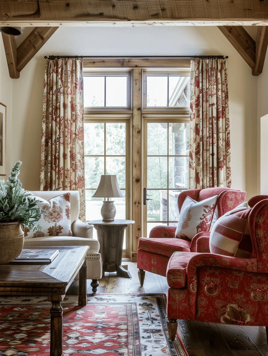 red floral curtains in a cozy living room with wooden beams