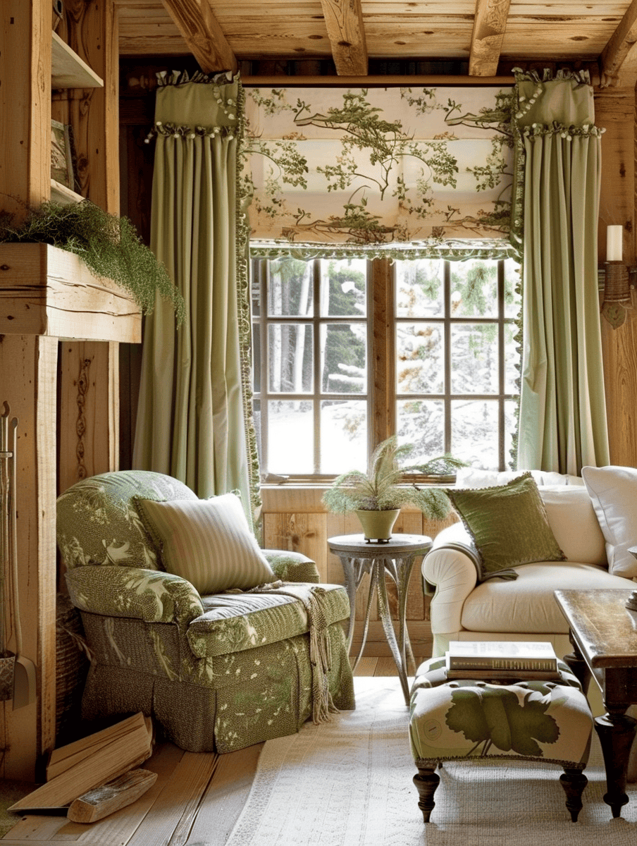 green drapes and botanical valance in a garden-themed rustic interior