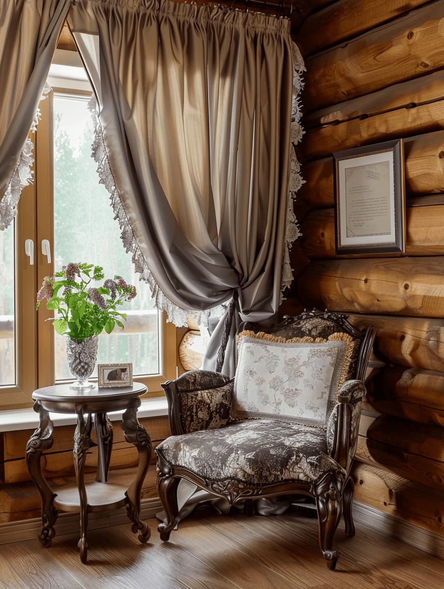 lace-trimmed drapes in a cozy log cabin corner