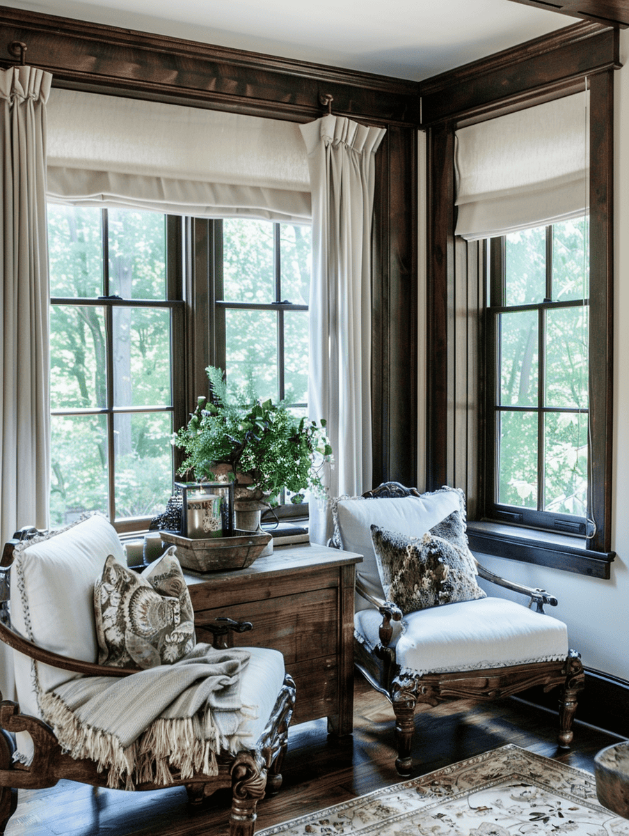 ivory drapes and Roman shades with dark wood trim in an elegant nook