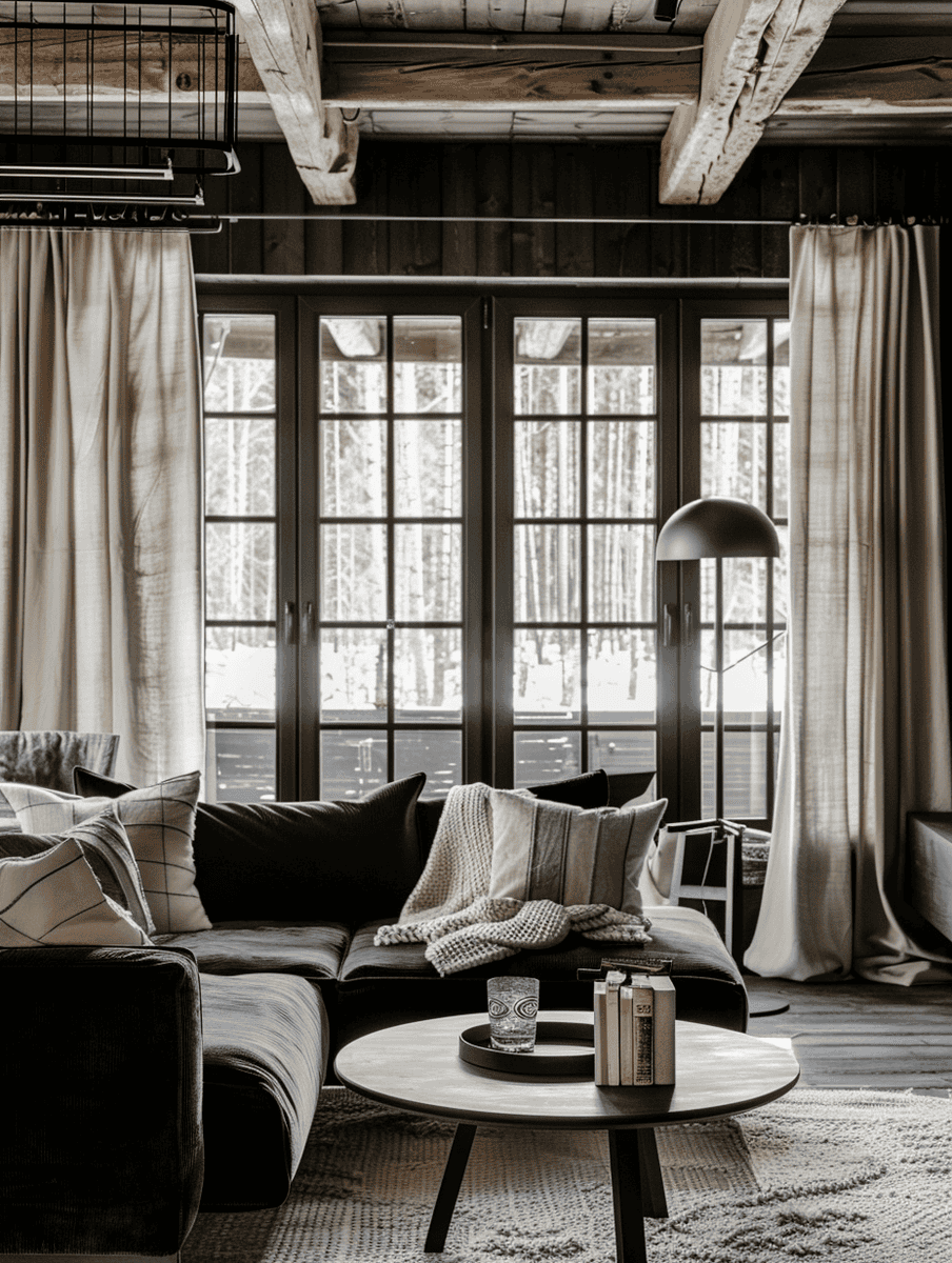 cream curtains against black window frames in a modern rustic setting