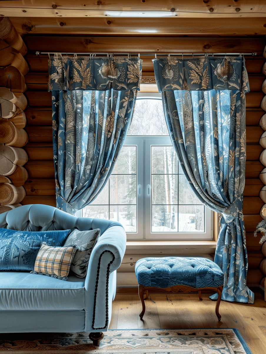 blue botanical-patterned curtains in a log cabin setting