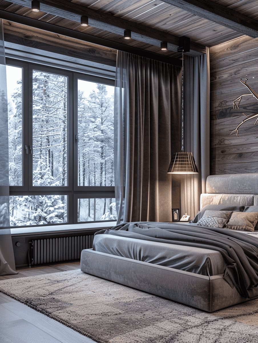charcoal curtains framing a snowy view in a rustic bedroom