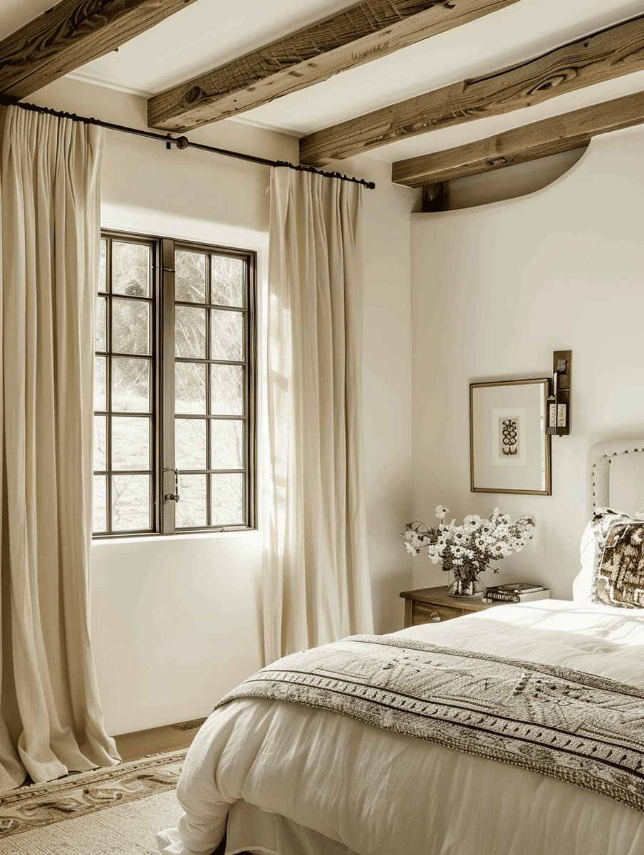 neutral drapes with exposed wooden beams in a serene bedroom
