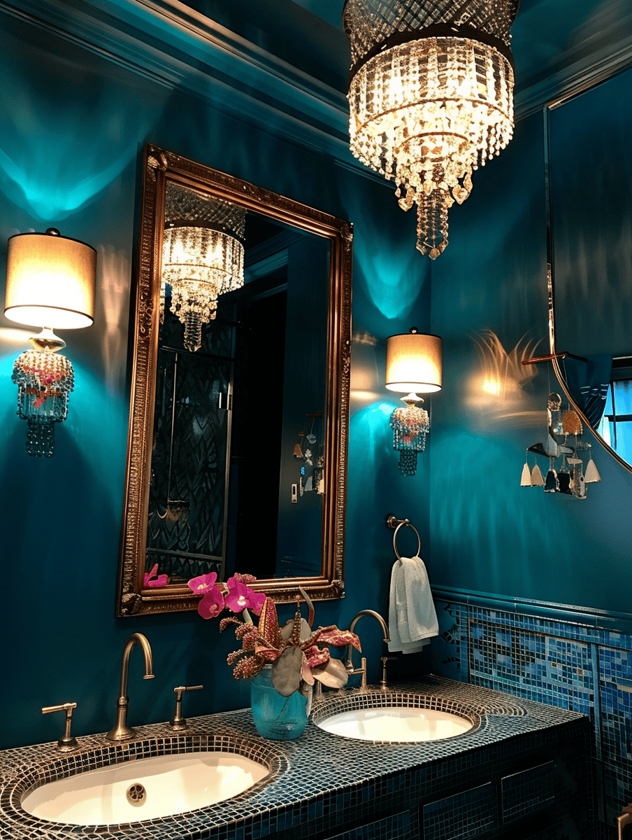 colorful boho bathroom with peacock blue and crystal chandeliers