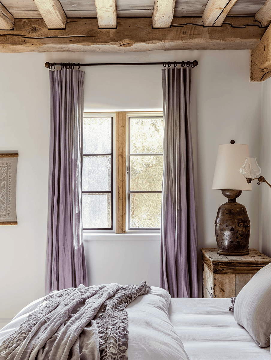 lavender curtains with wood beam detailing in a rustic bedroom