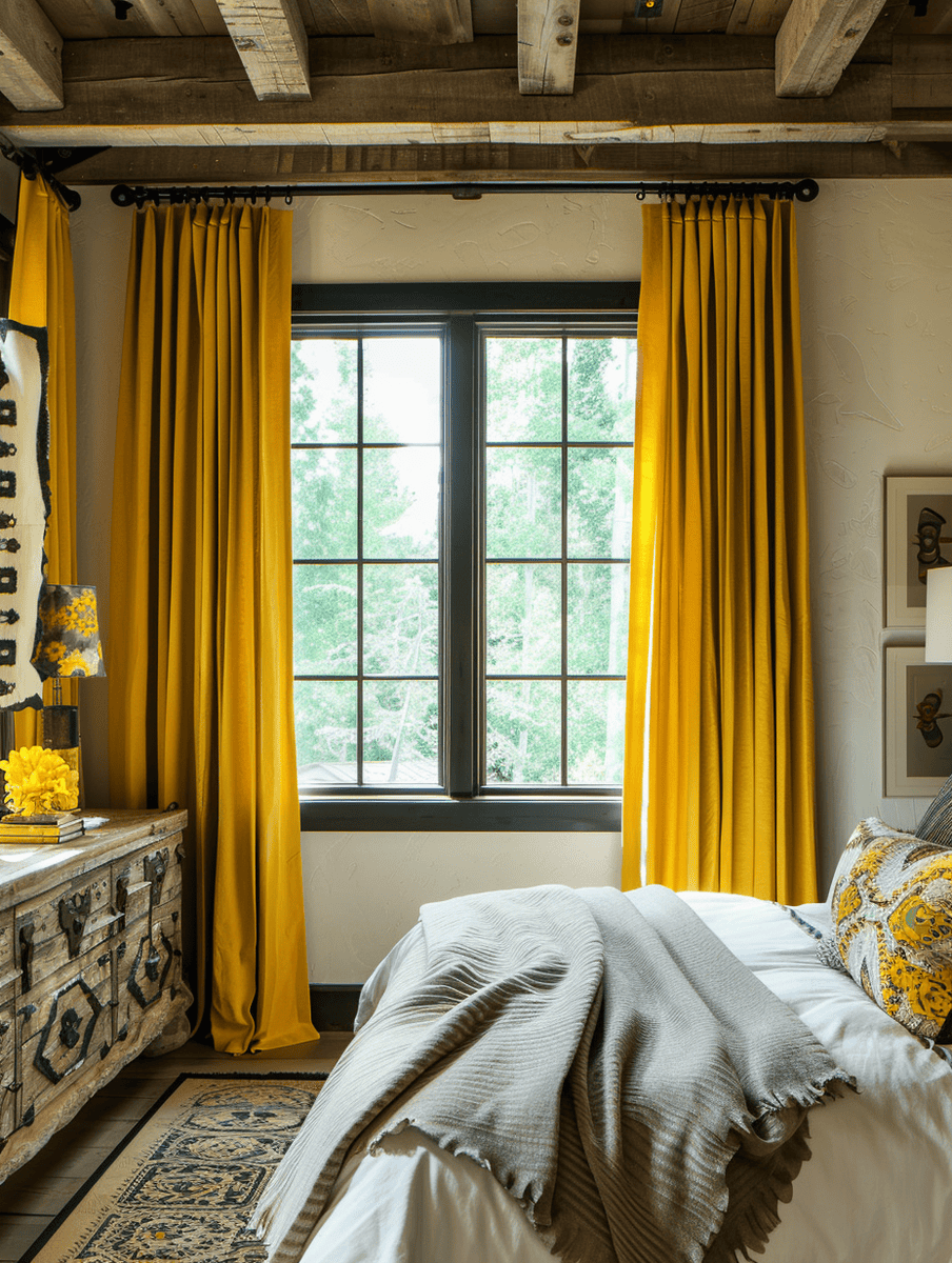 mustard-yellow curtains in a room with rustic wooden beams