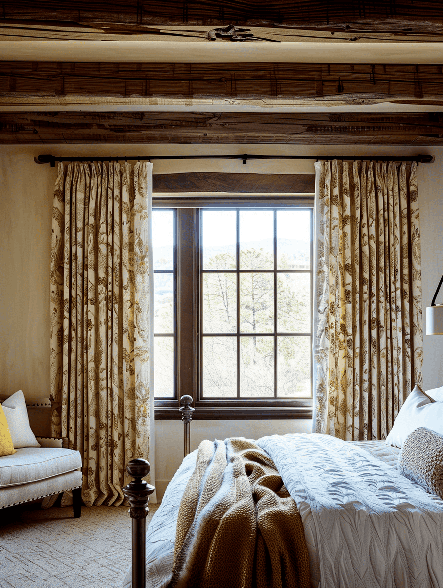 floral pattern curtains in a bedroom with rustic wooden beams
