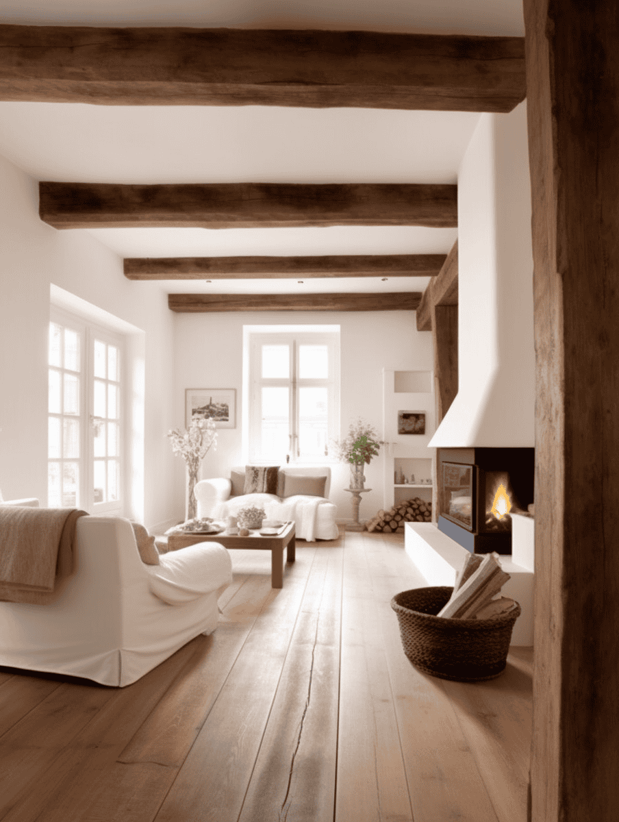 Warm rustic living room with clean wooden beams and hardwood floors