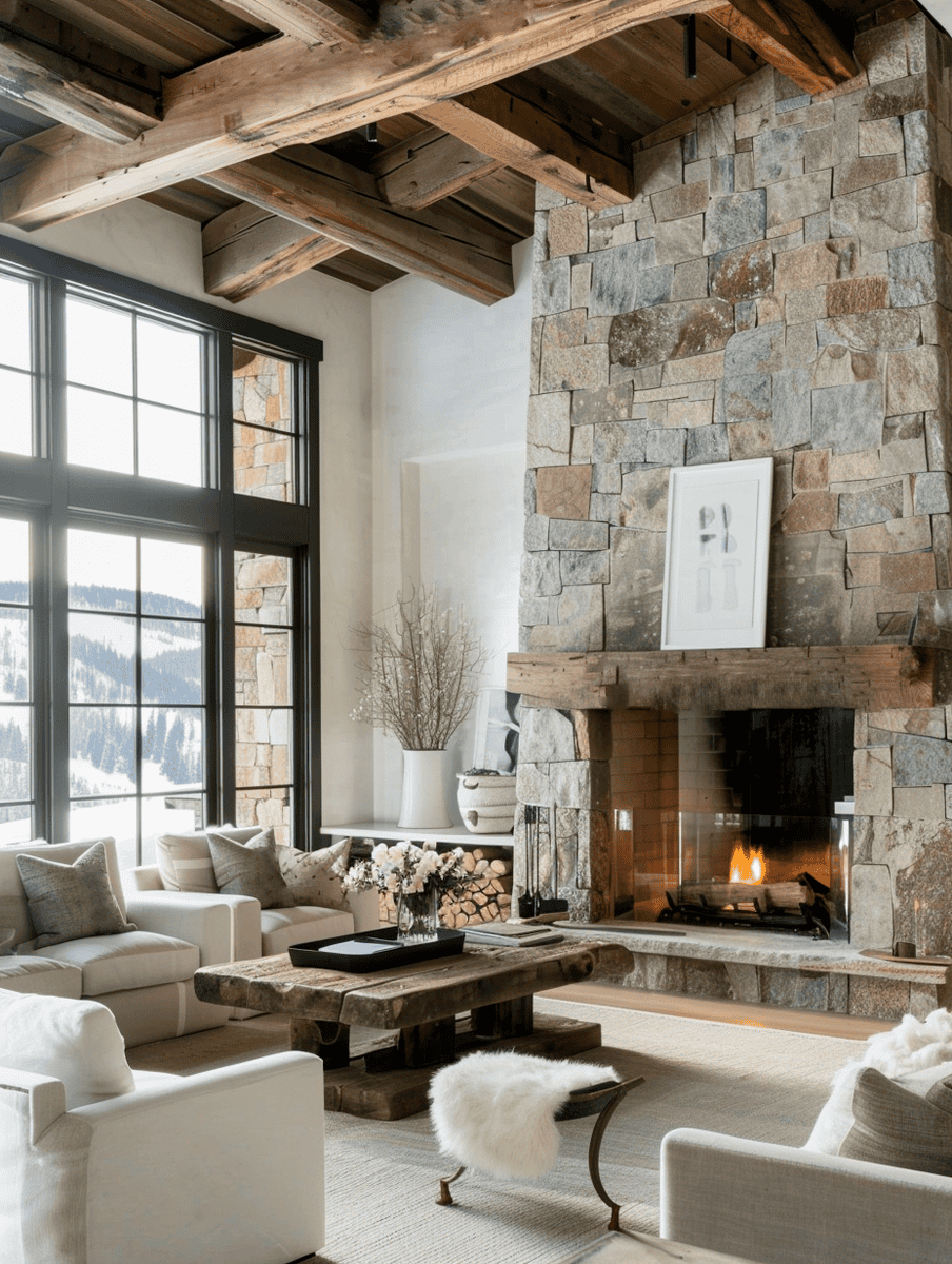 Big stone fireplace and cozy atmosphere with white accents