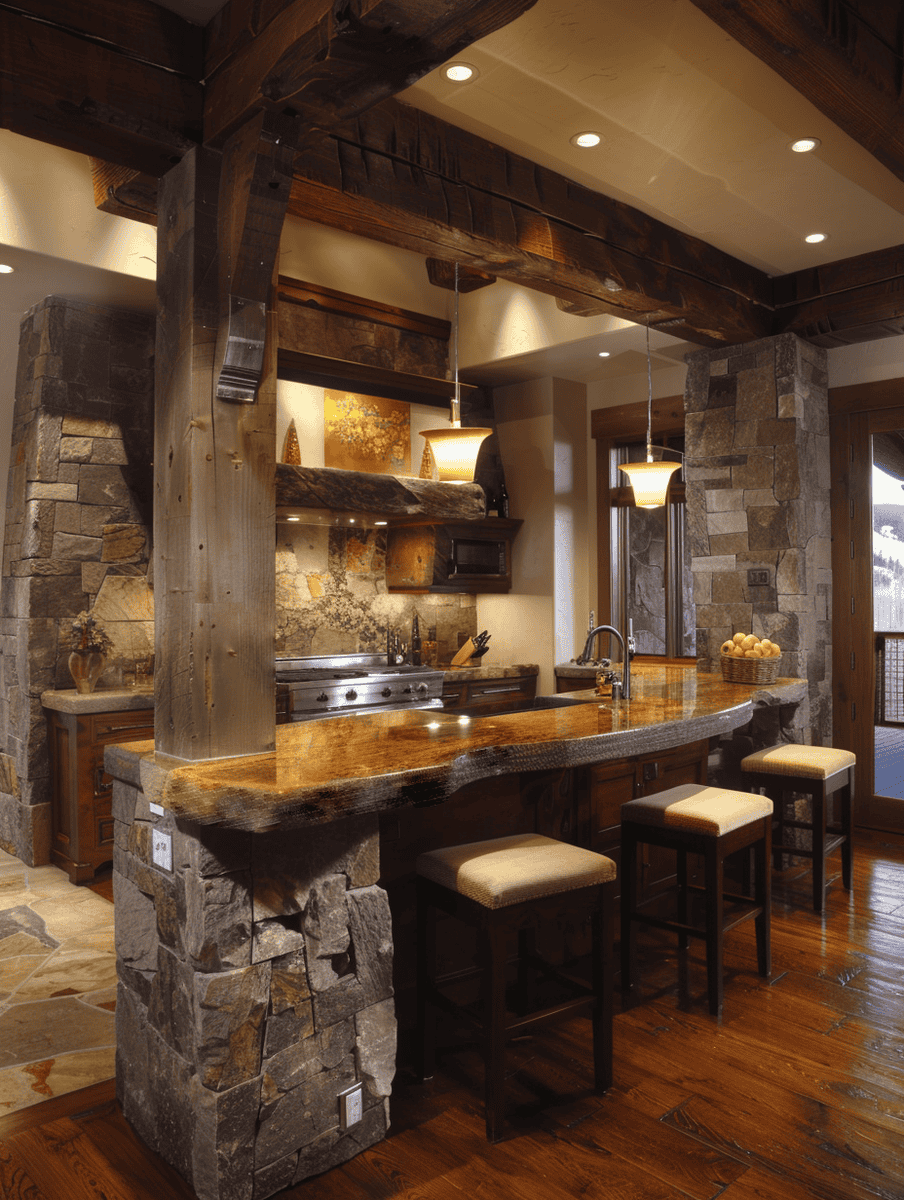 Stone kitchen counter with vintage furniture