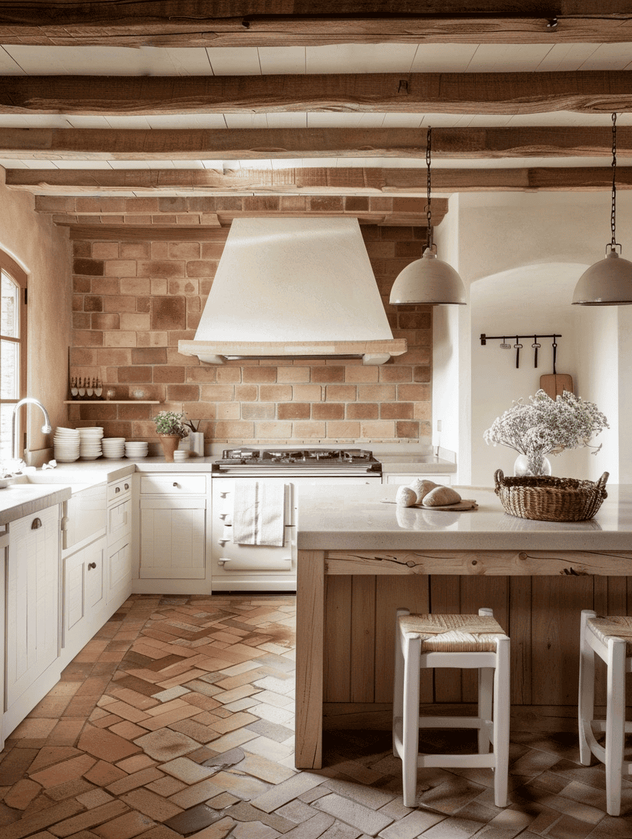 Warm Rustic Kitchen with clay tile backslashes and flooring