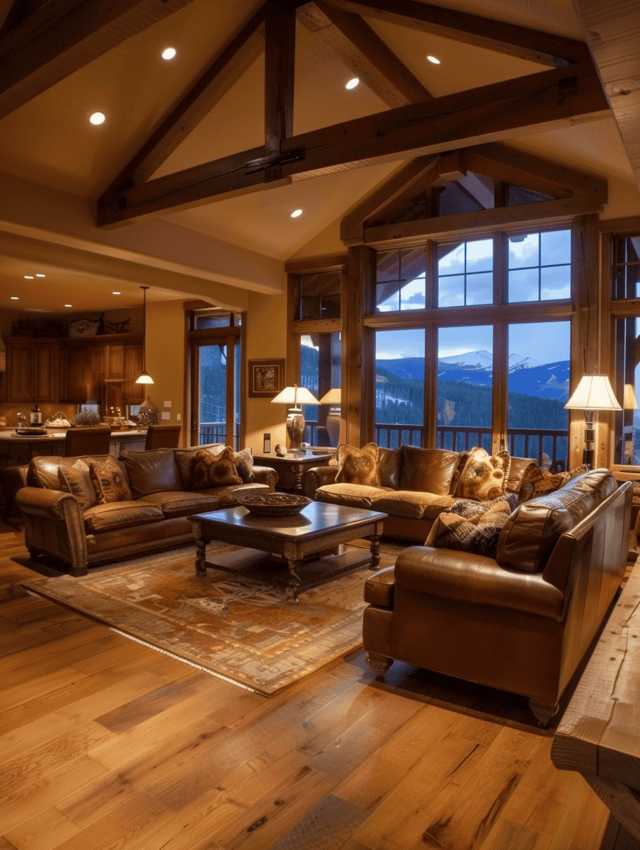 Warm rustic living room with wooden furniture, leather sofas, and wood flooring