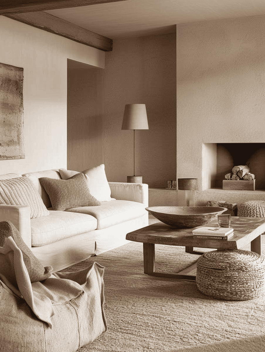 Warm rustic living room with beige walls and carpet