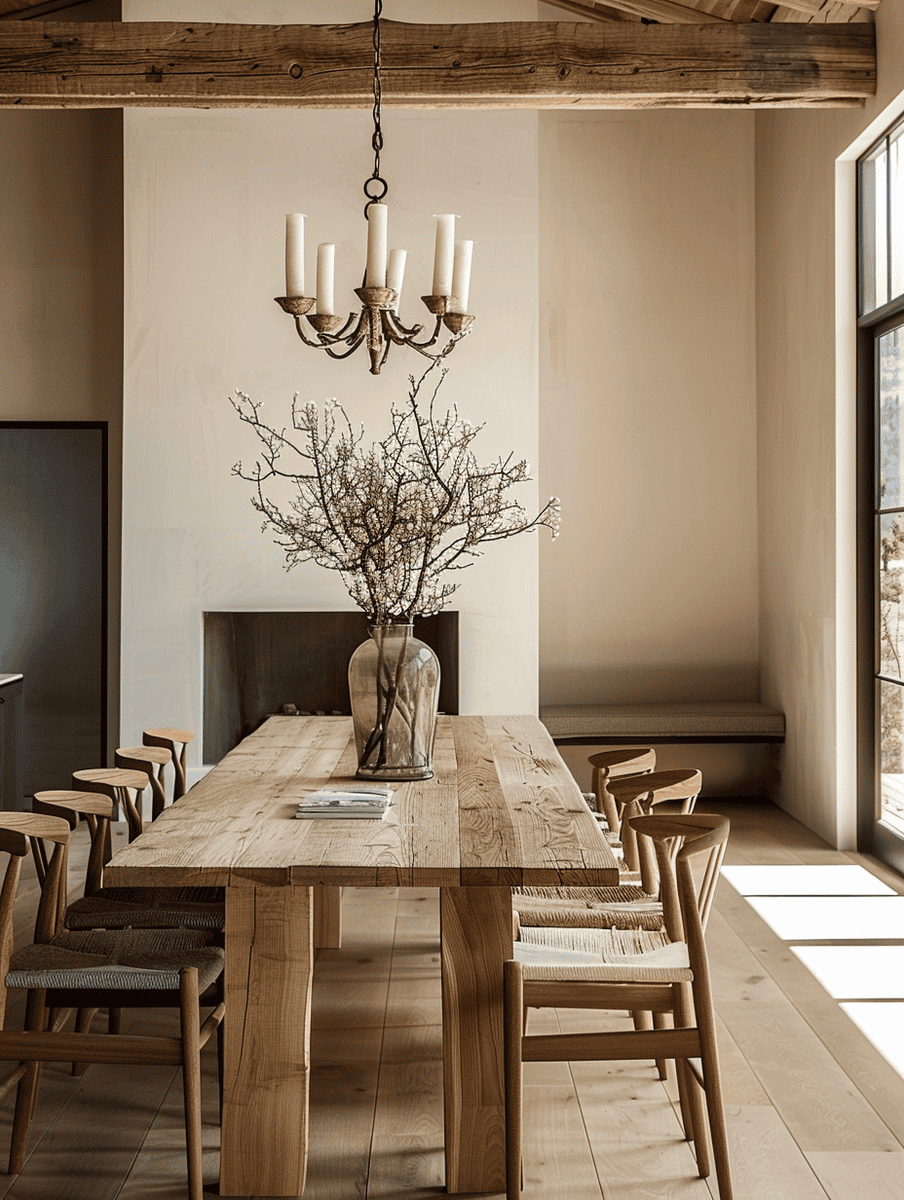 Rustic Dining Room with oak dining table and minimalist seating
