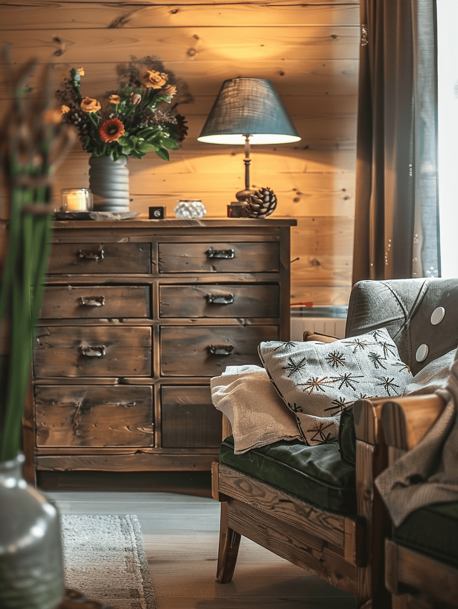 Warm rustic living room with pine chest drawers and bright decor
