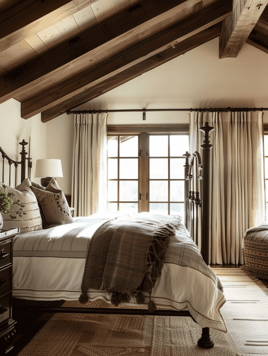 Rustic Bedroom with dark iron bed frames and light bedding