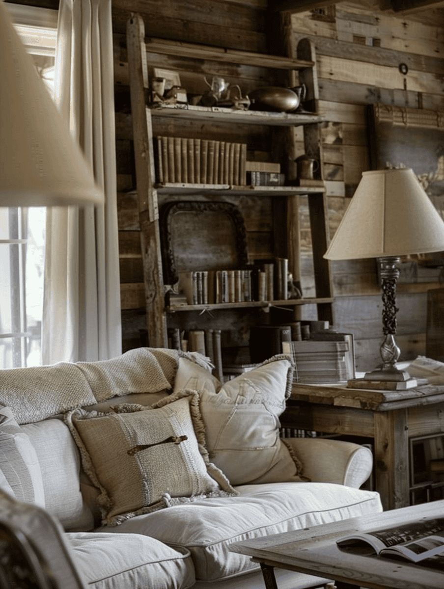 Rusticl living room with old ladders repurposed as bookshelves.