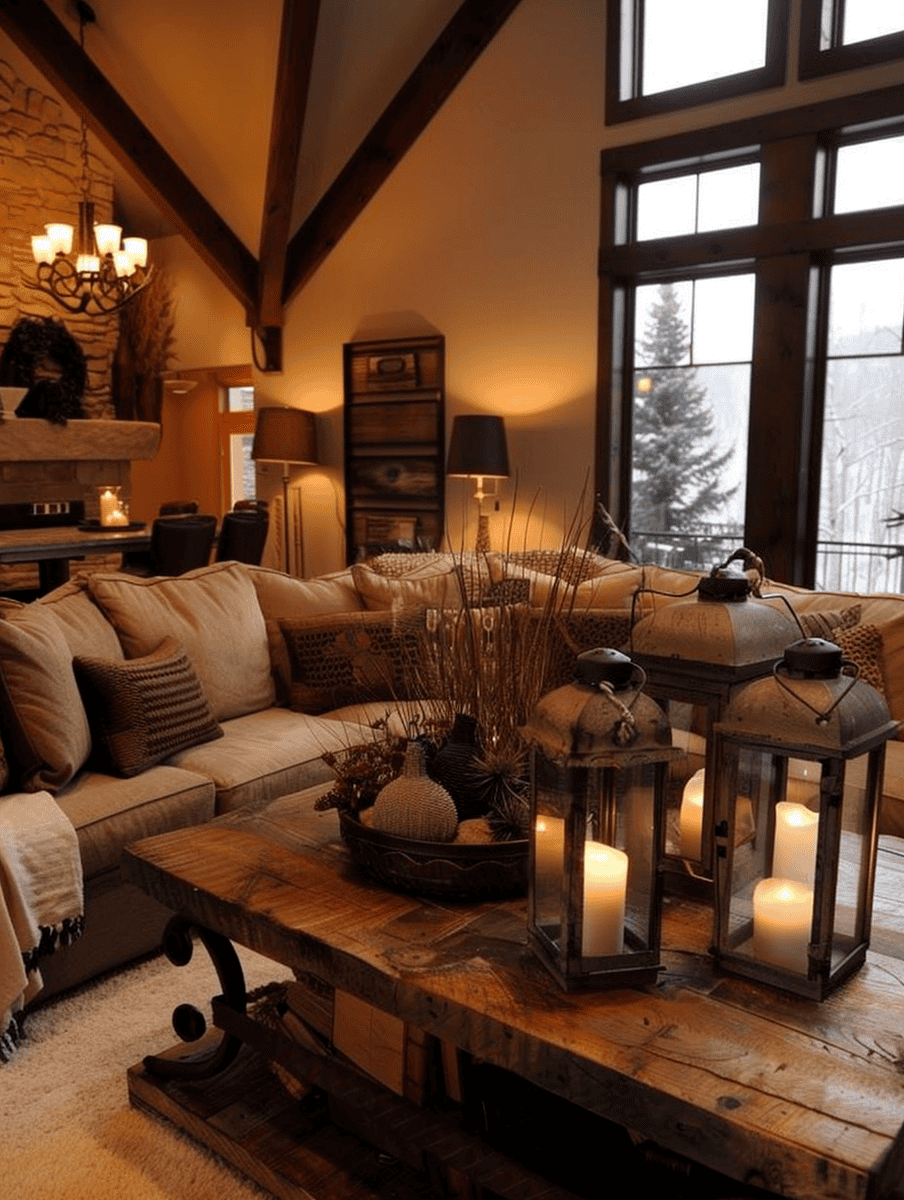 Rustic living room with wrought iron lanterns and warm lighting