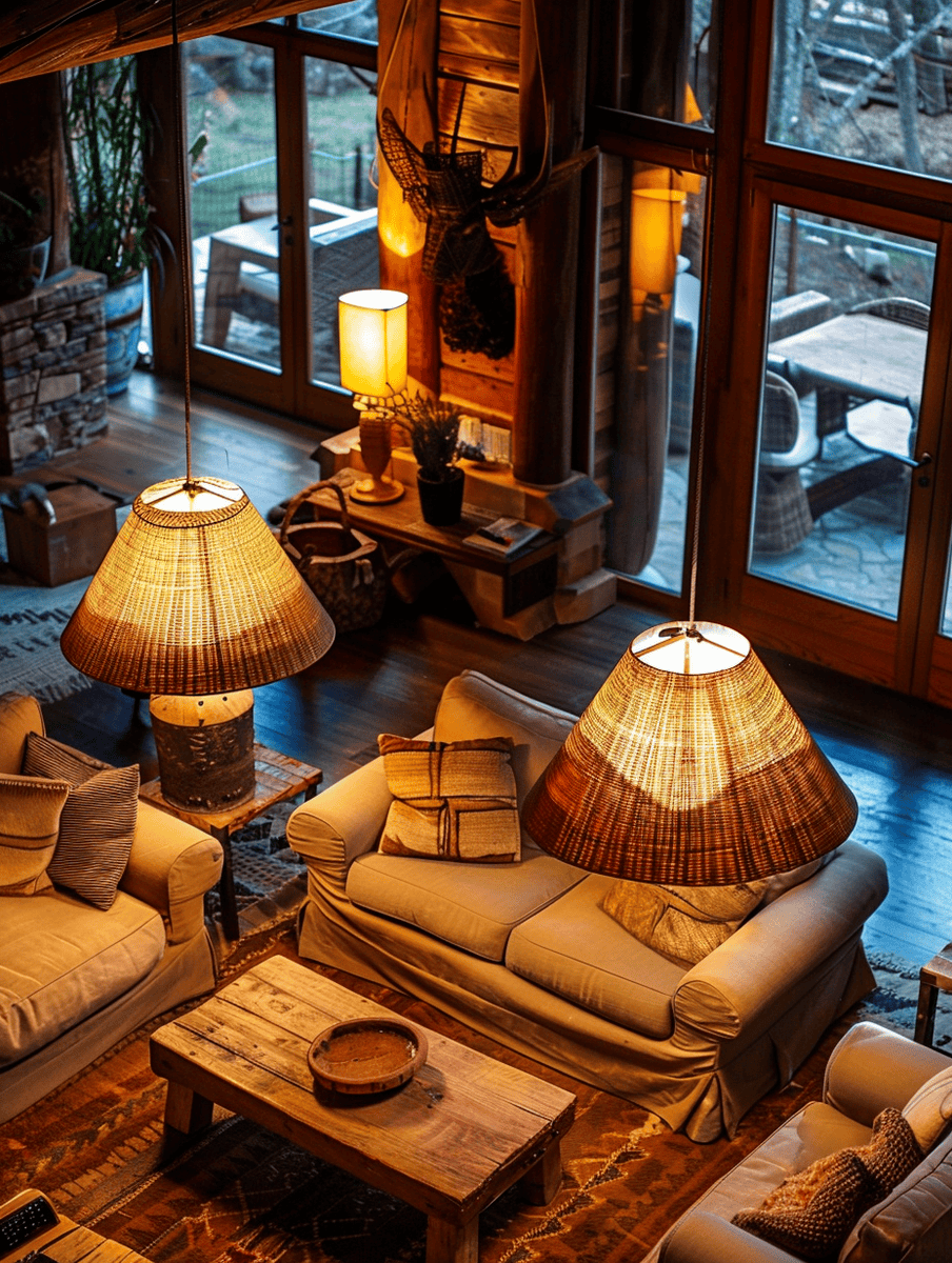 Rustic living room with woven bamboo pendant lights