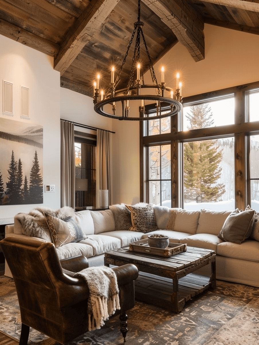 Rustic living room with wrought iron chandelier
