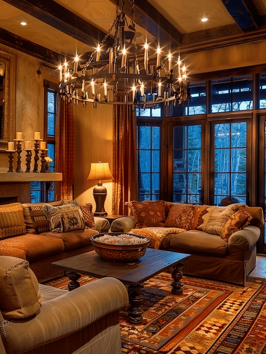 Rustic Living Room with wrought iron chandelier