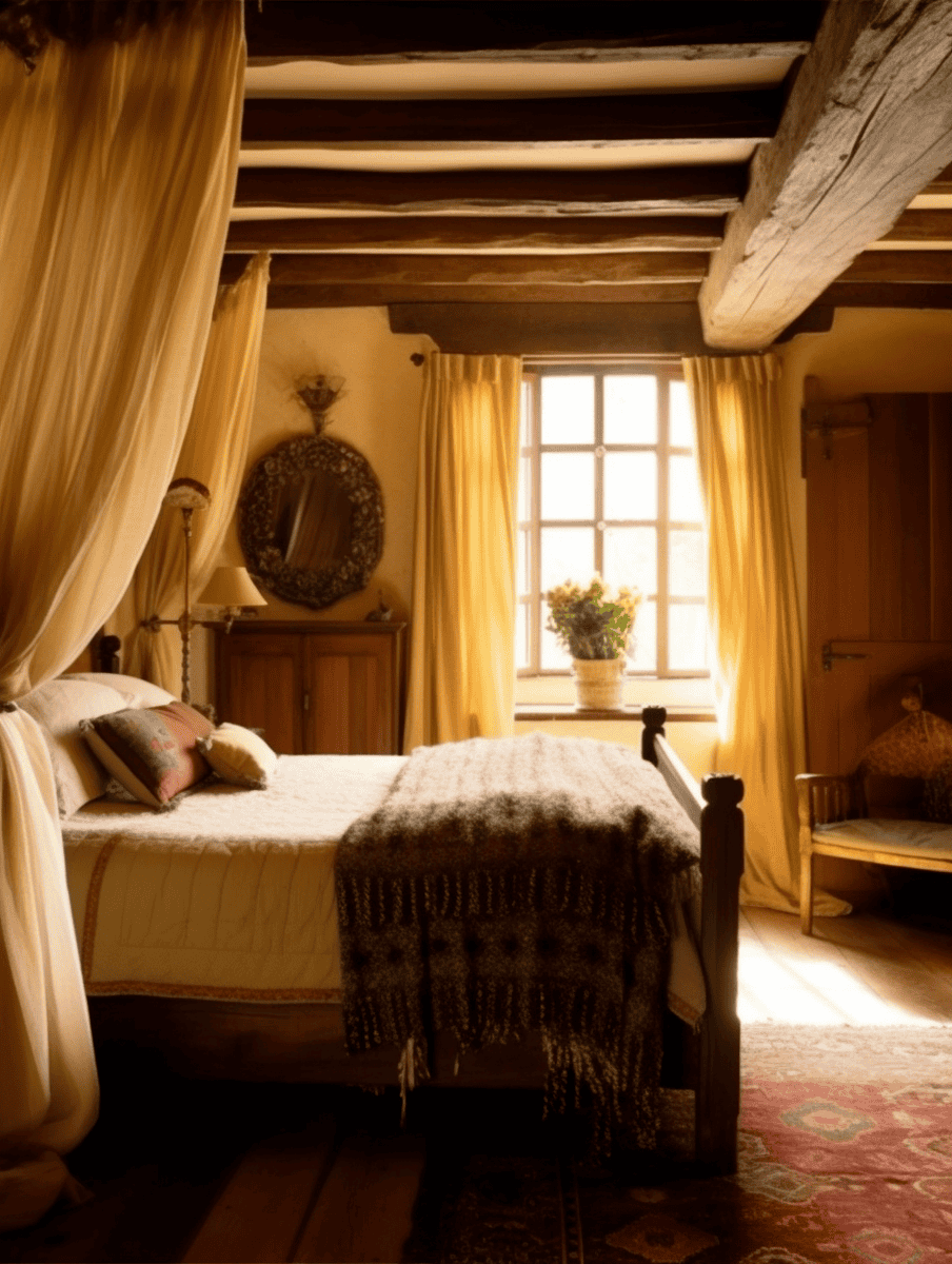 Warm, rustic bedroom with plush throws, heavy curtains, and woven rug