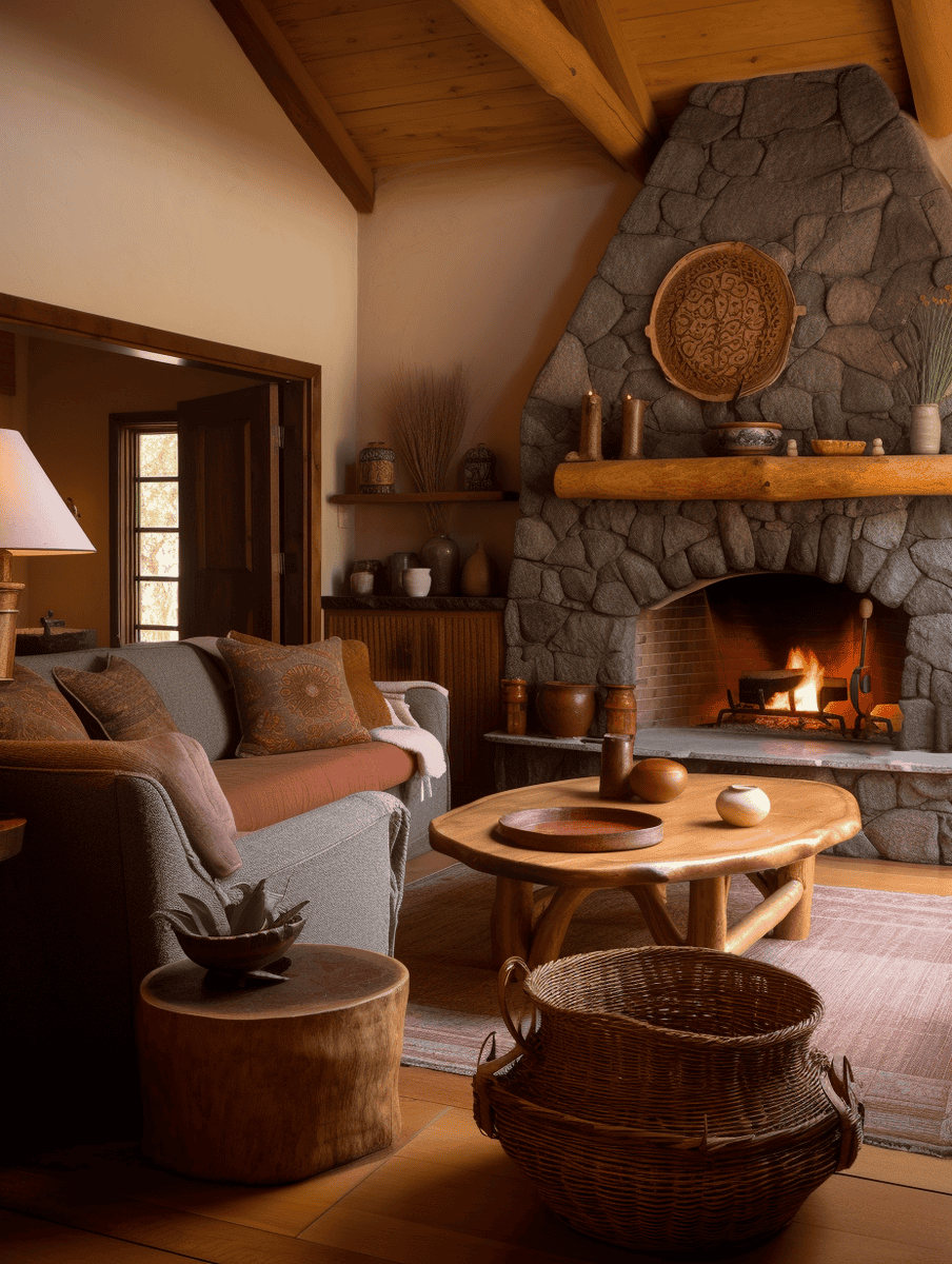 Rustic living room with handmade pottery, woven baskets, and handcrafted artwork