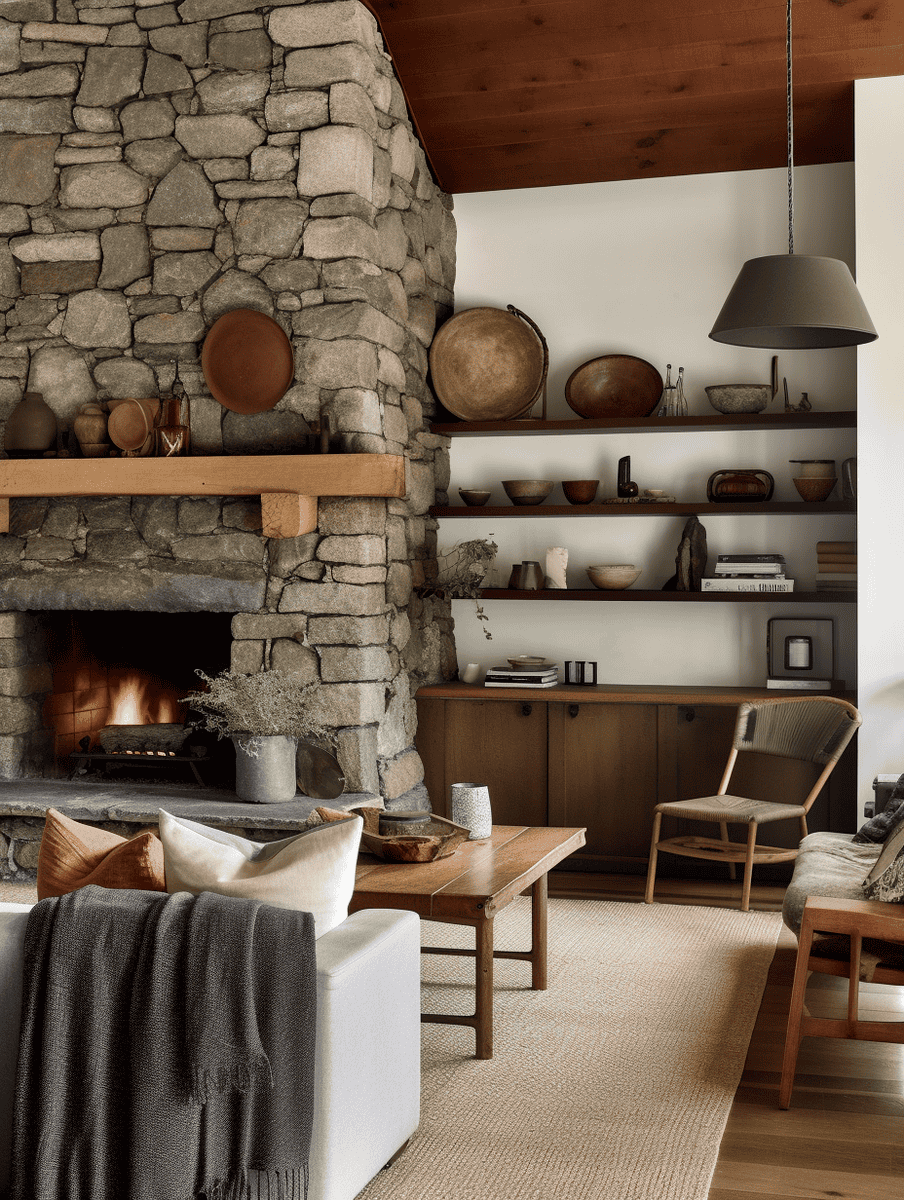 Rustic living room with stone fireplace and open shelving