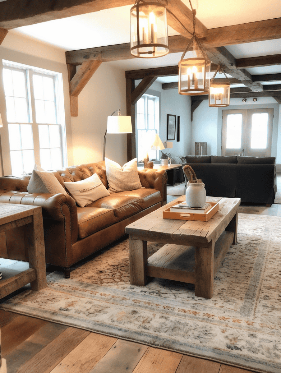Rustic living room with farmhouse-style lighting