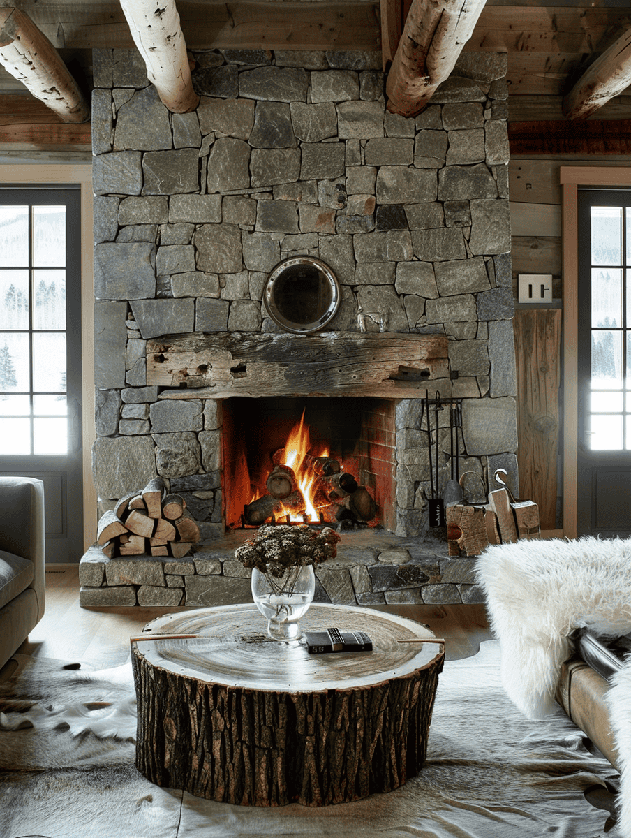 Rustic living room with a log slice side table