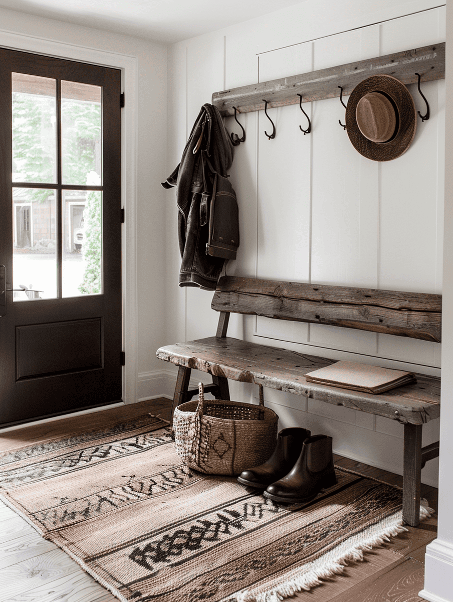 Rustic Entryway with a Weathered Wood Bench and Iron Hooks