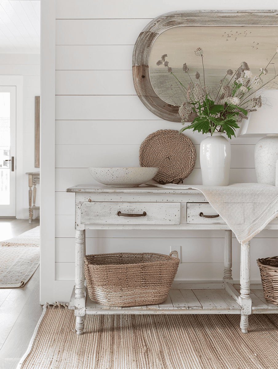 Farmhouse Chic with Whitewashed Console and Woven Baskets