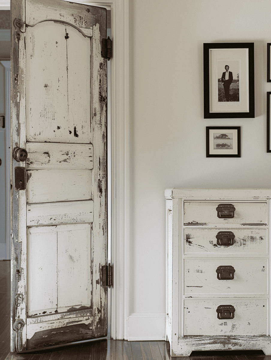 Rustic entrance with a Distressed Door, Vintage Mail Sorter, and small, framed black-and-white photos