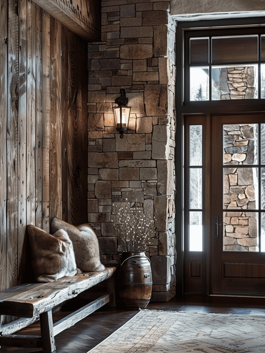 Stone Wall and Wooden Accents inside home entrance