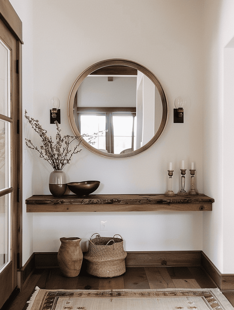 Rustic Entryway with Sleek Wooden Shelves and a Mirror
