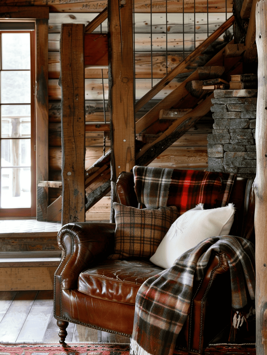 Rustic Entryway with Cozy Corner with cozy nook with leather seating and plaid throws