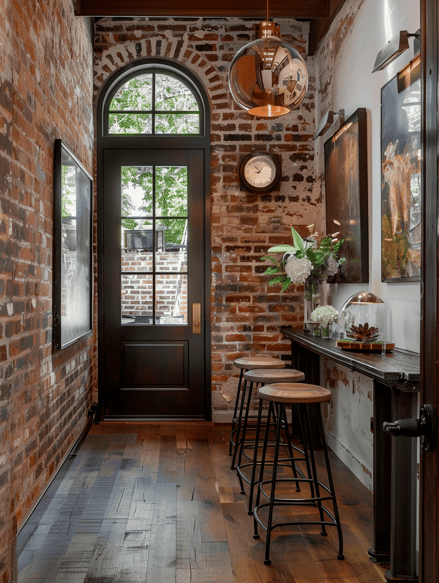 Rustic Entryway with exposed brick wall and Metal light fixtures and industrial-style stools