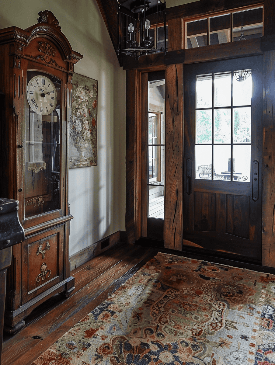 Rustic Entryway with Grandfather Clock and Floral Rug