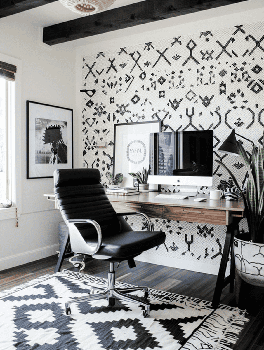 Boho home office concept sleek monochrome with Boho patterns