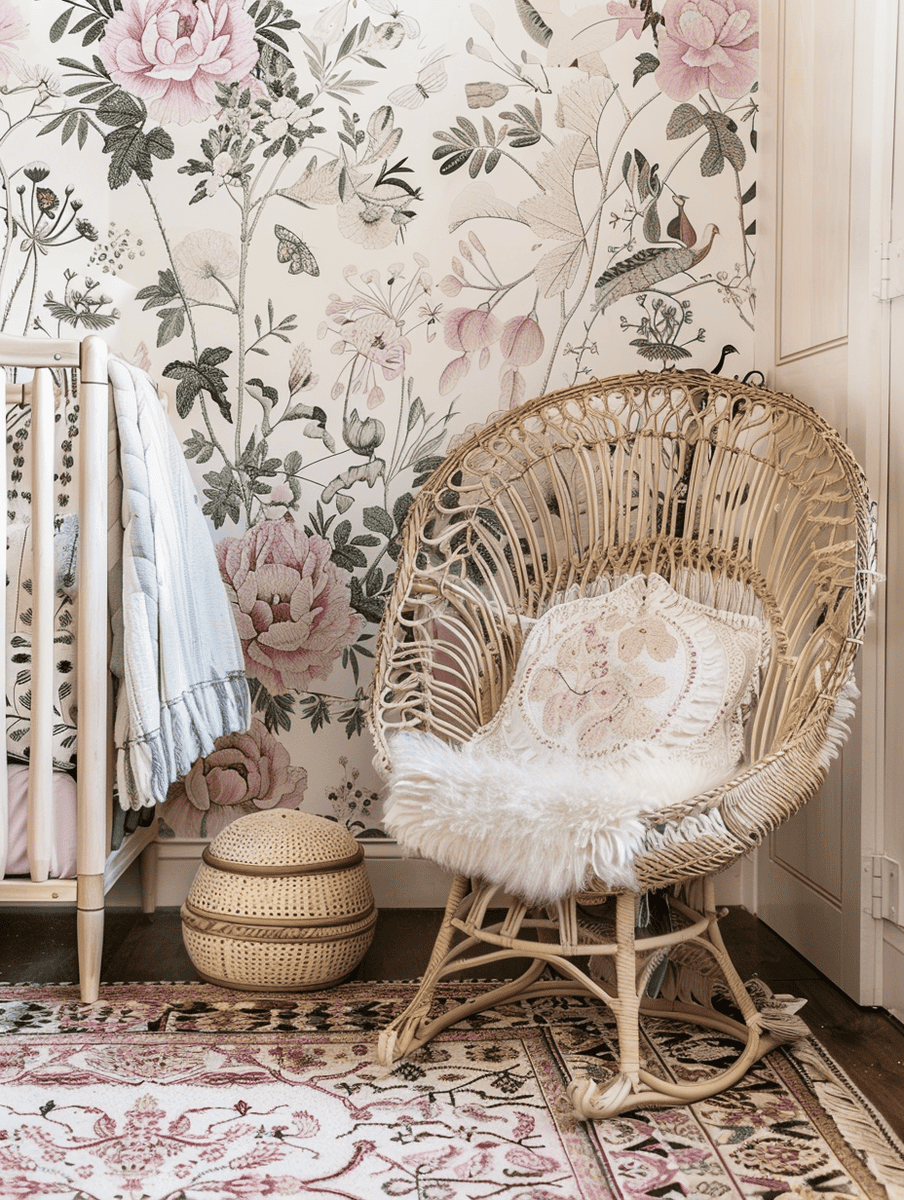 Boho chic nursery with a vintage peacock chair and floral wallpaper