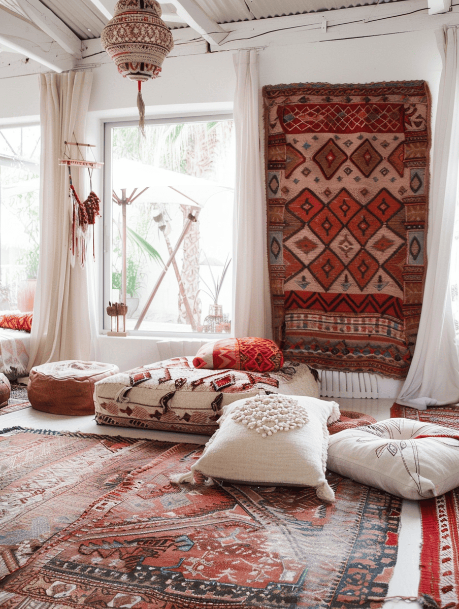 boho space design with Moroccan poufs and Southwestern rugs