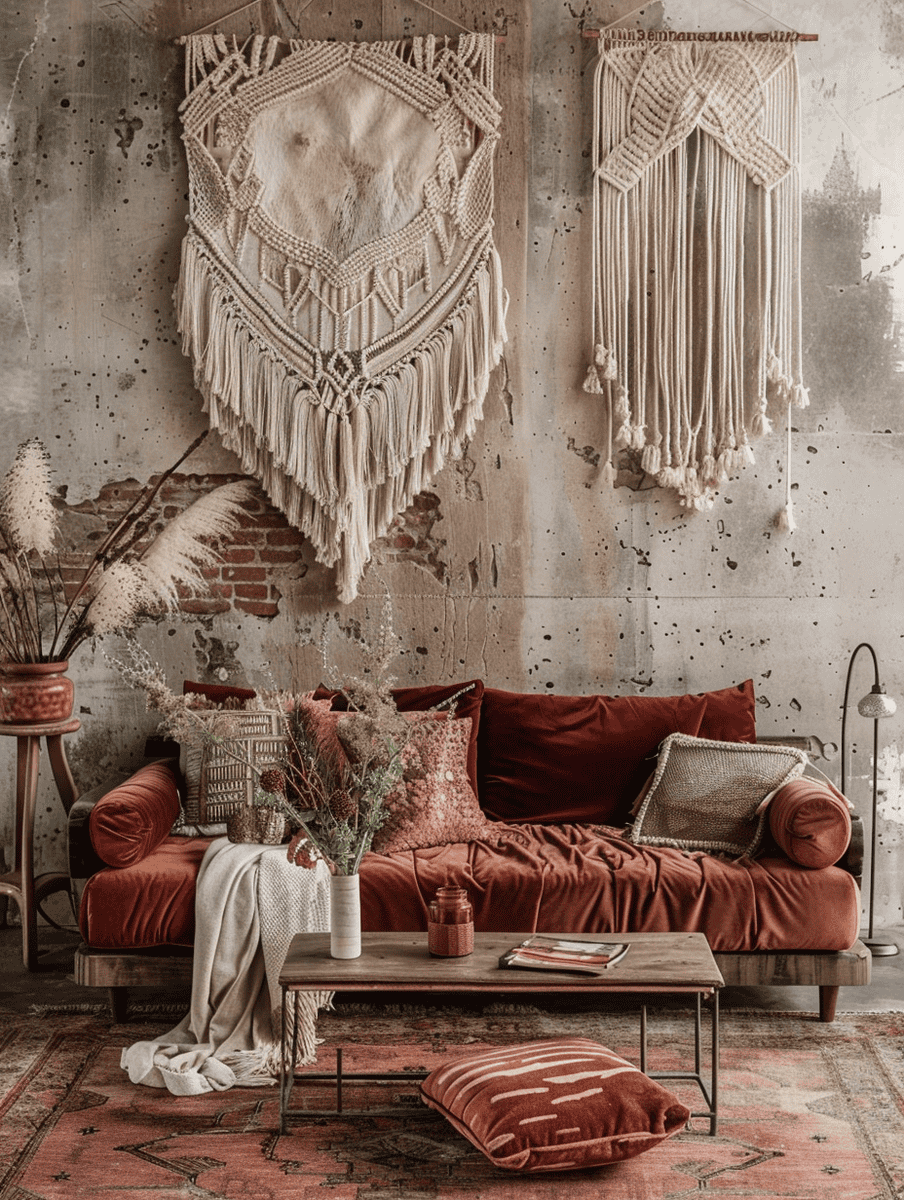 boho space design with a mix of velvet and macrame textures
