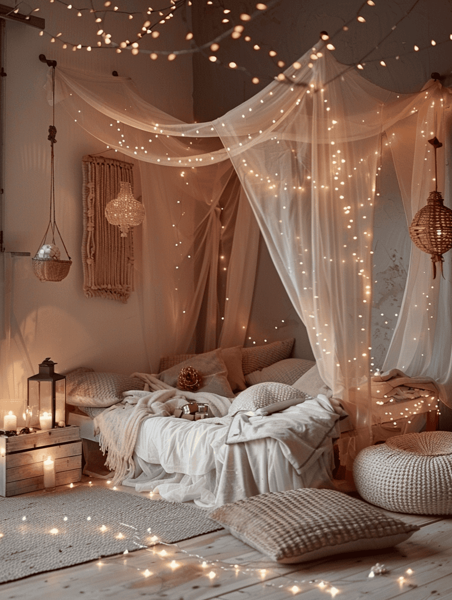 boho space design with fairy lights and lanterns