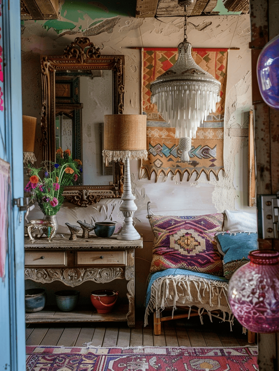 An eclectic room filled with antique charm, featuring a carved wooden mirror, an elegant beaded chandelier, and a cozy bench with colorful textiles, set against a rustic backdrop with peeling paint and decorative pottery.