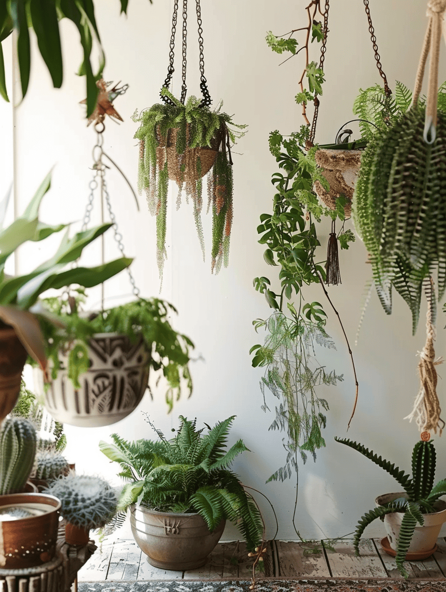 boho space design with hanging ferns and potted cacti