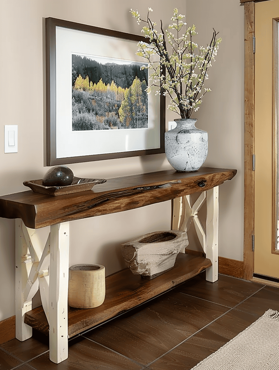 Rustic entry way with Wooden Console, ceramic vase and sculpture