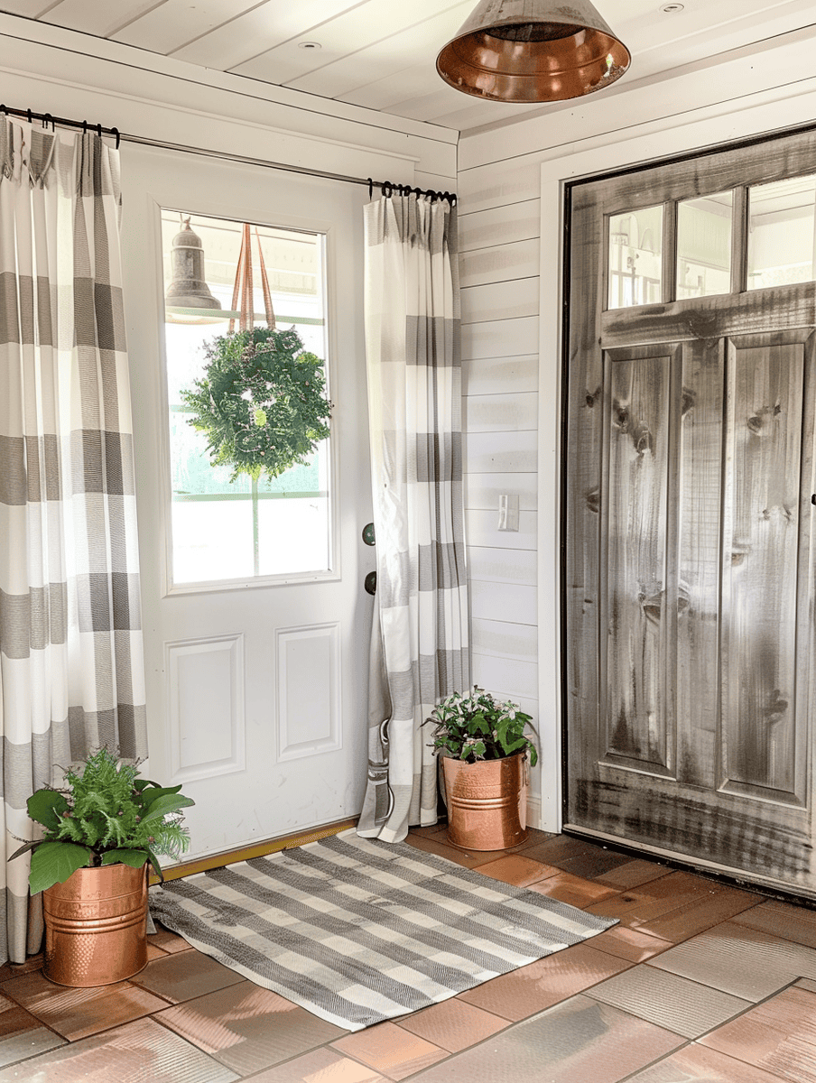 Rustic entry way with country chic look featuring Gingham Curtains and Rustic Planters