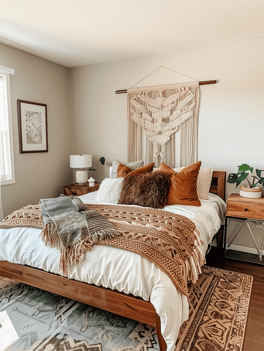 A warmly lit bedroom is styled with earth tones, featuring a wooden bed draped with a white comforter, textured throw blankets, and plush pillows, with a large macramé wall hanging above, all tied together by a patterned area rug on the floor.