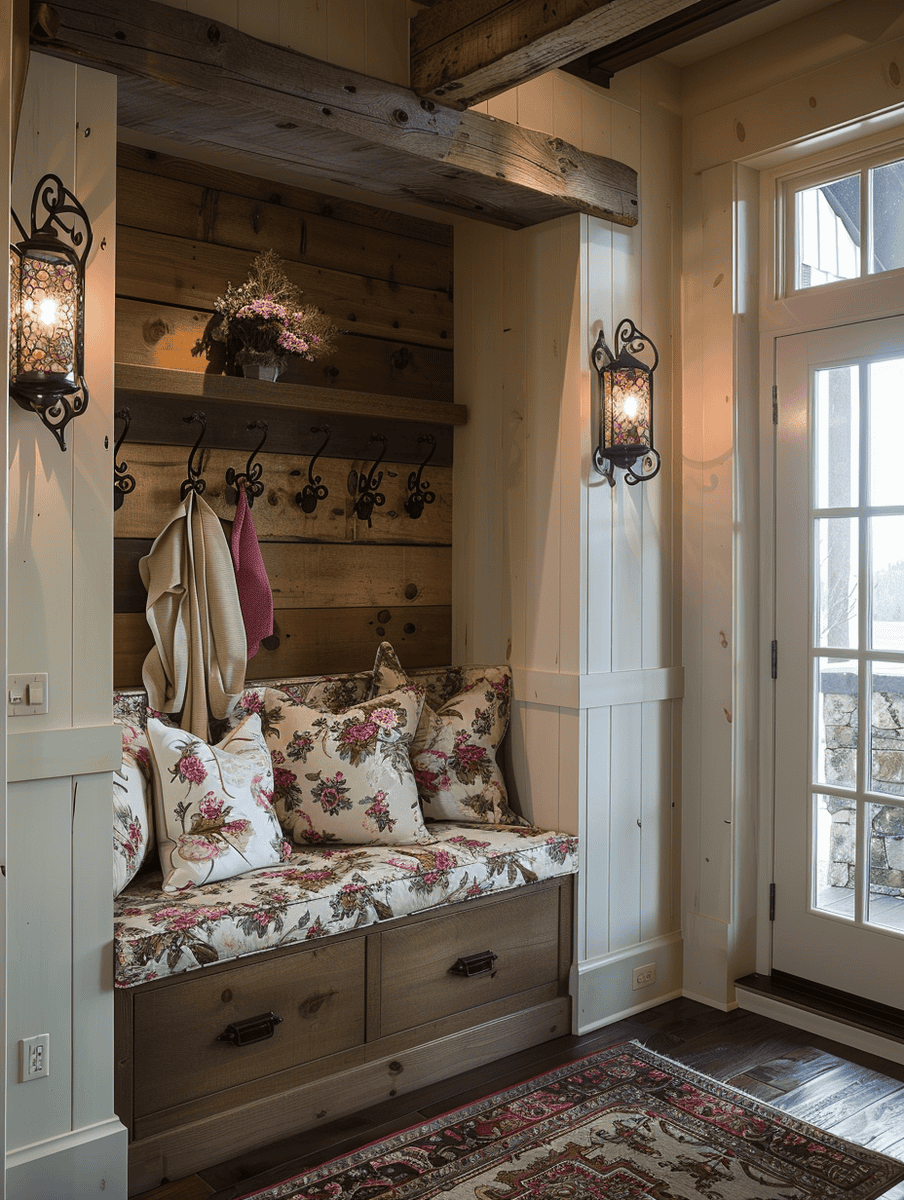 Rustic entry way with cottage appeal featuring floral patterns and soft lighting, cushioned bench with storage
